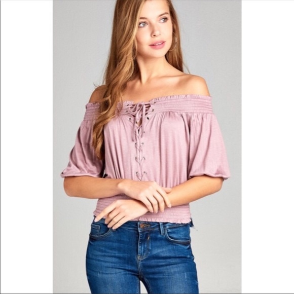 Off Shoulder Lace-up Top - Picture 3 of 6